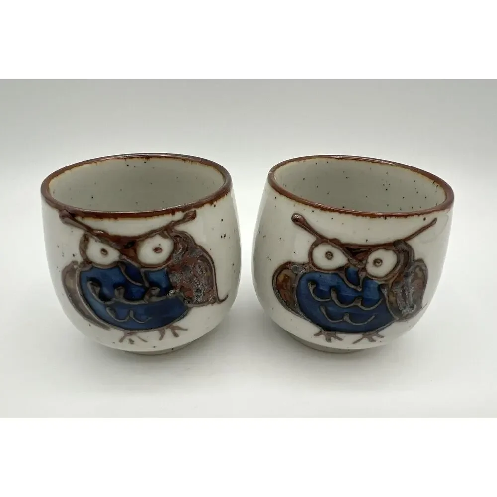 Glazed Pottery 4 oz. Owl Teacups Sake Cups Blue Brown & White Set of 2